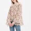 women fashion look off shoulder blouse with ruffle neck and bell sleeve loose elegant comfortable floral chiffon blouse